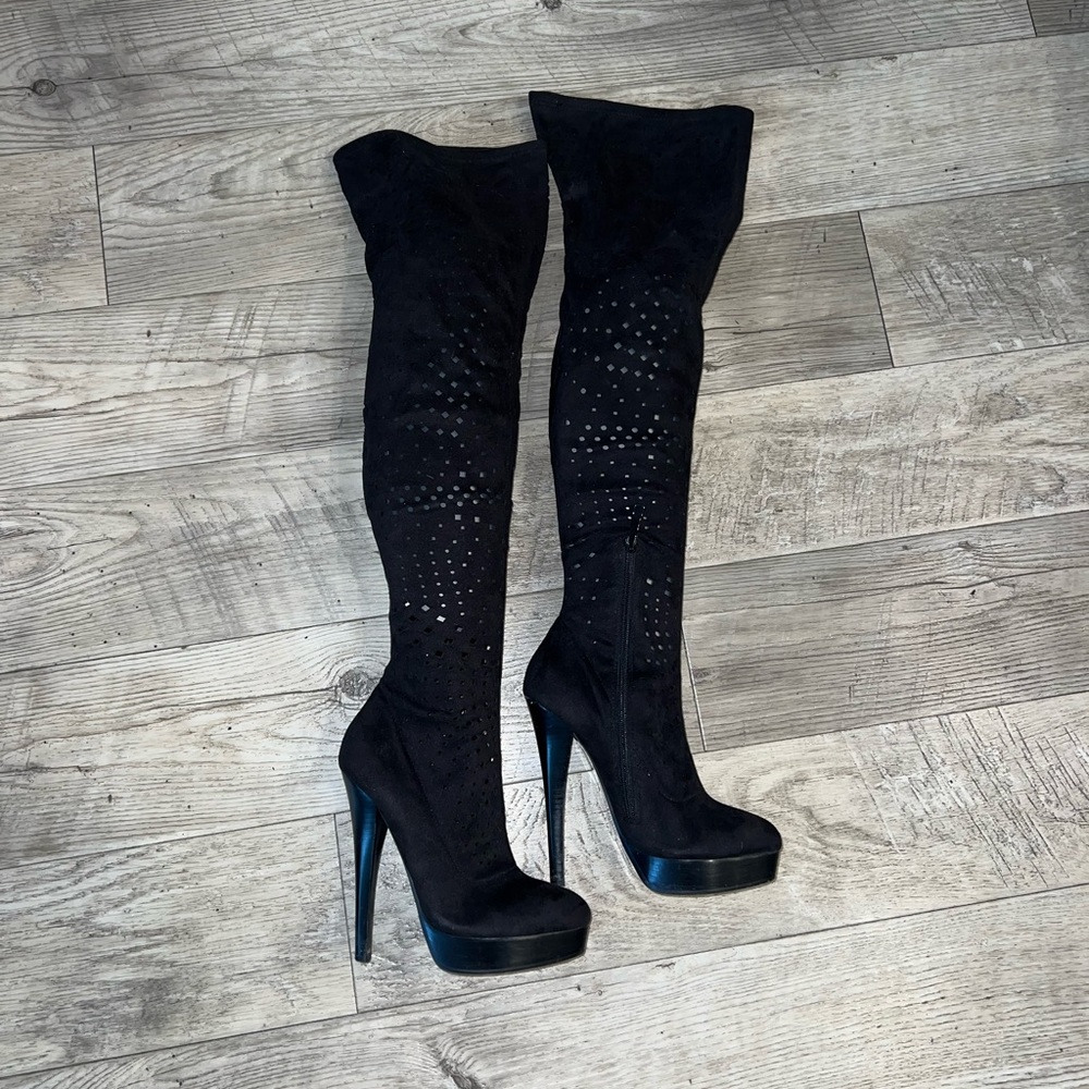 Bebe platform thigh high boots - faux suede with cutout design